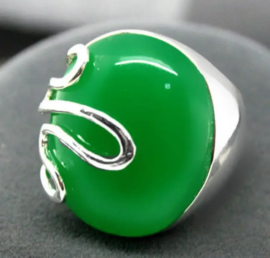 

17*21mm VINTAGE NATURAL GREEN Natural jade GEM RICH LUCKY 925 SILVER RING SIZE 7-10