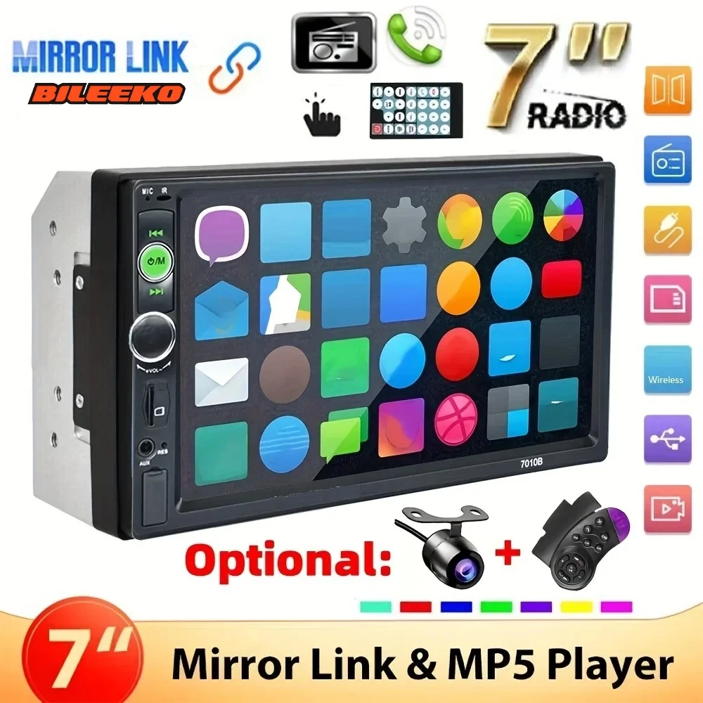 

Автомобильная стереосистема Bileeko с двойным дин-принтом 7 дюймов | MP5-плеер с управлением на руле | Зеркальная связь, USB/AUX и HD-дисплей