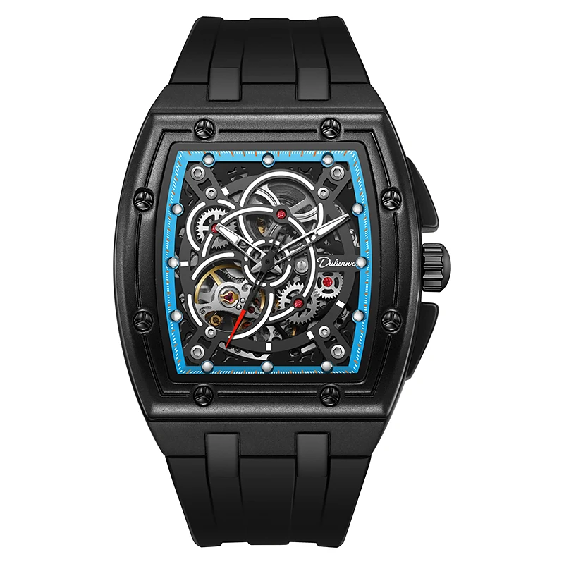 Dulunwe Tonneau Skeleton Automatic Watch Men Luxury Mechanical Wristwatch Silicone Strap Luminous Waterproof