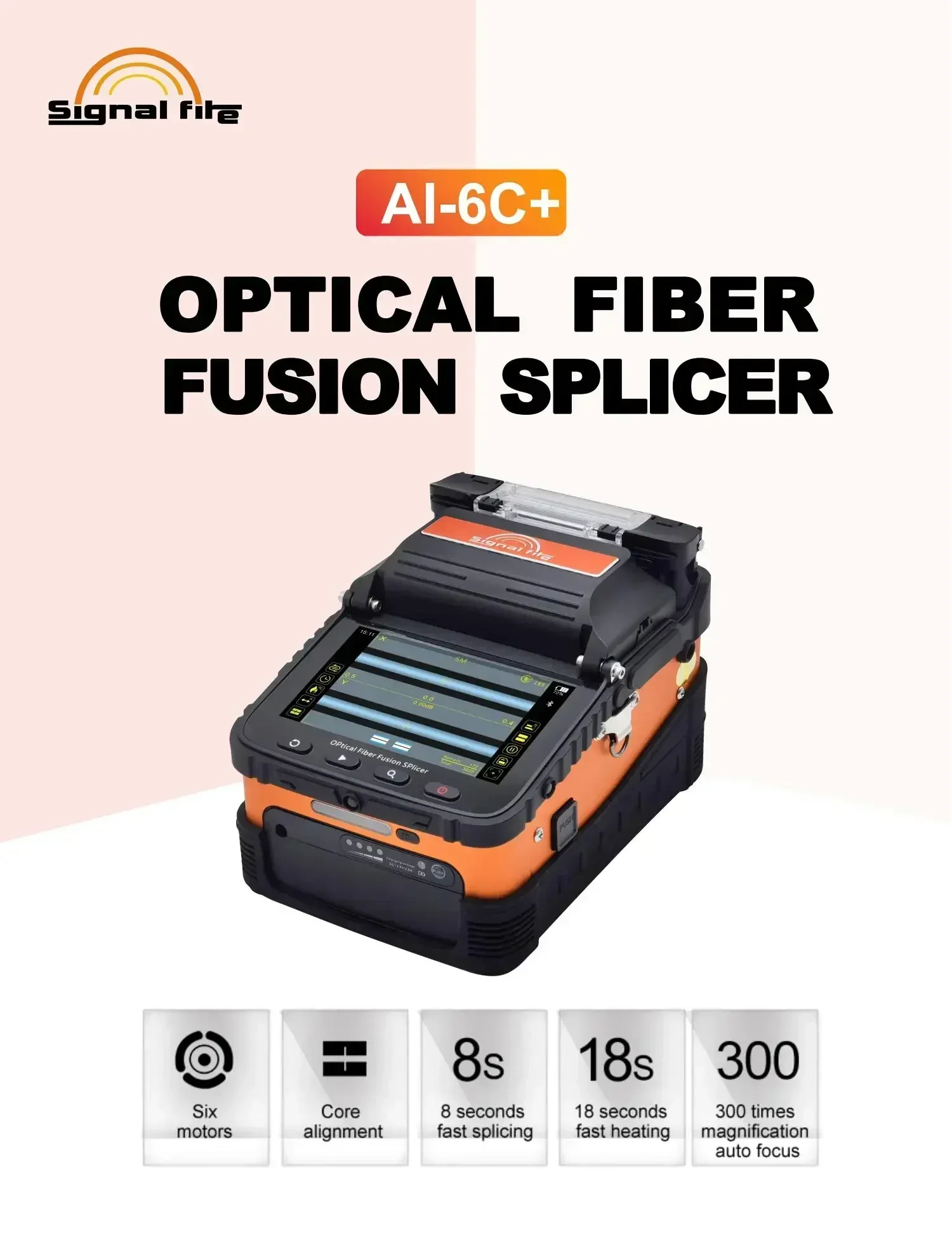 

AI-6C/6C+ OPTICAL FIBER FUSION SPLICER 8S Splicing Time 5200mAh Battery 6 Motors Signal Fire Optical Fiber 5 Inch TFT Display