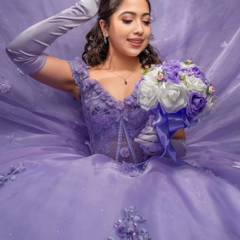 

Purple Quinceanera Dress crystal Lace off-shoulder decal 3D flower Bow vestidos de 15 Quinceanera ﻿Customized