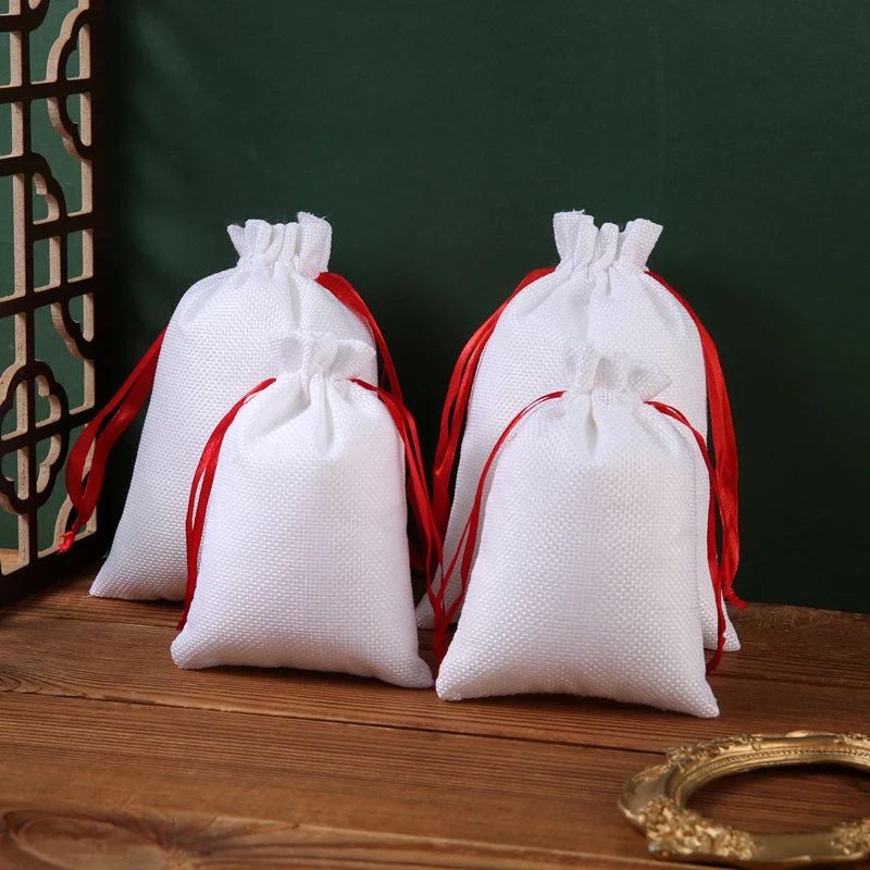 10pcs Gift Ornament Packing Jewelry Red Rope White Linen Bag Simple And Generous Candy Biscuit Packaging Drawstring Eco-Friendly