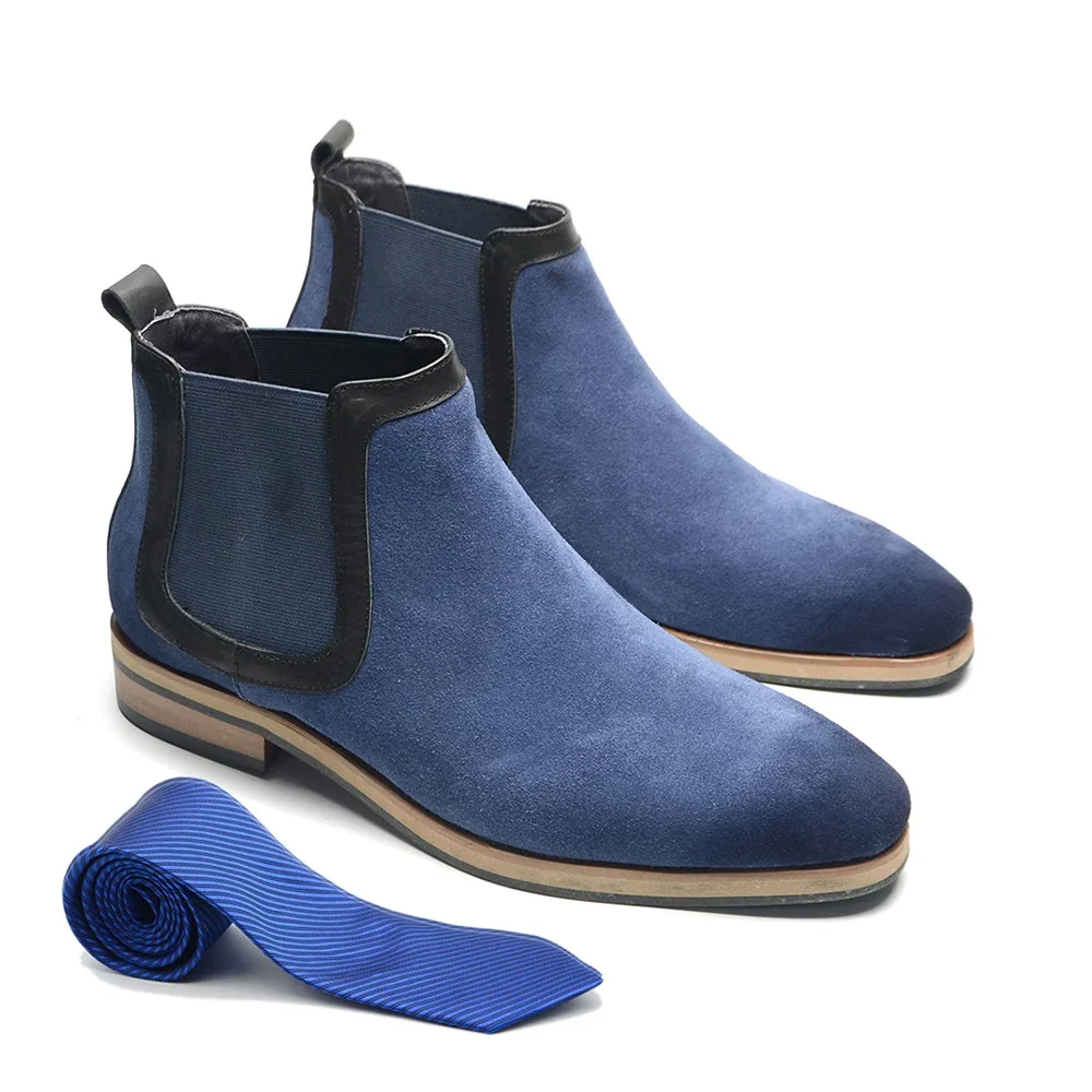 Trend Mens Elastic Chelsea Boot Casual Slip-On Classic Dress Ankle Boots High-end Genuine Cow Suede Leather Men's Cowboy Shoes