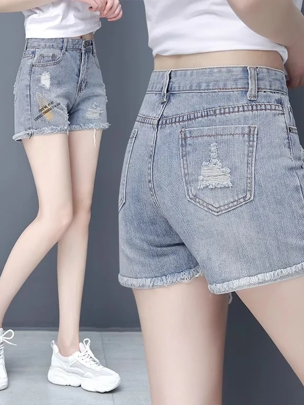 High Waist Ripped Denim Shorts Women Summer New Korean Loose Thin Large Size Slimming INS Student Straight Leg Women Pants