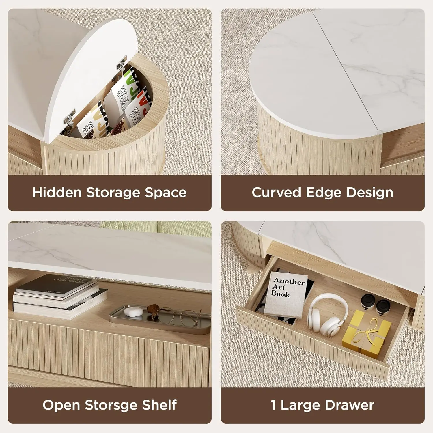 طاولة قهوة مع مساحة تخزين، طاولة مركزية حديثة لمنتصف القرن لغرفة المعيشة، طاولة قهوة بيضاوية مخفية مع مساحة تخزين مخفية،