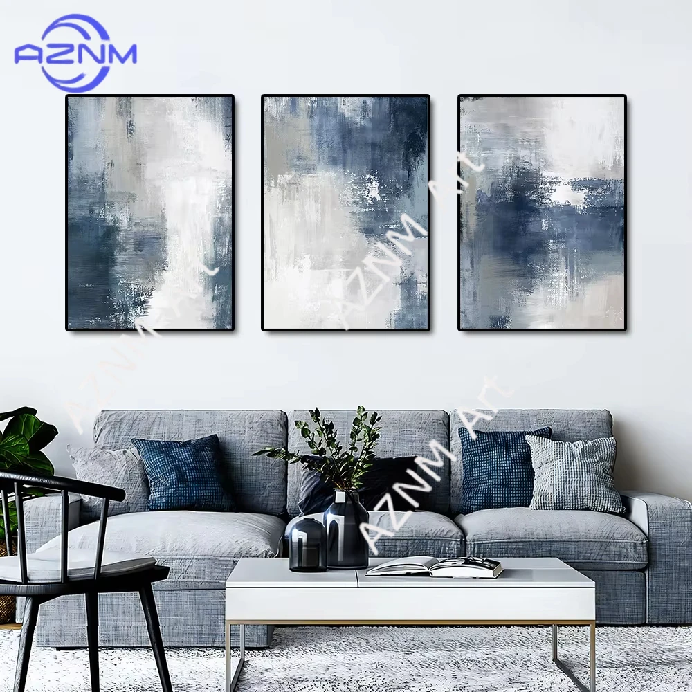 1/3 Stück Retro Blau-Grau Abstrakte Mischfarben-Poster Druck Neutraler Stil Minimalistische Wand-Leinwandbilder Deko für Zuhause und Arbeitszimmer