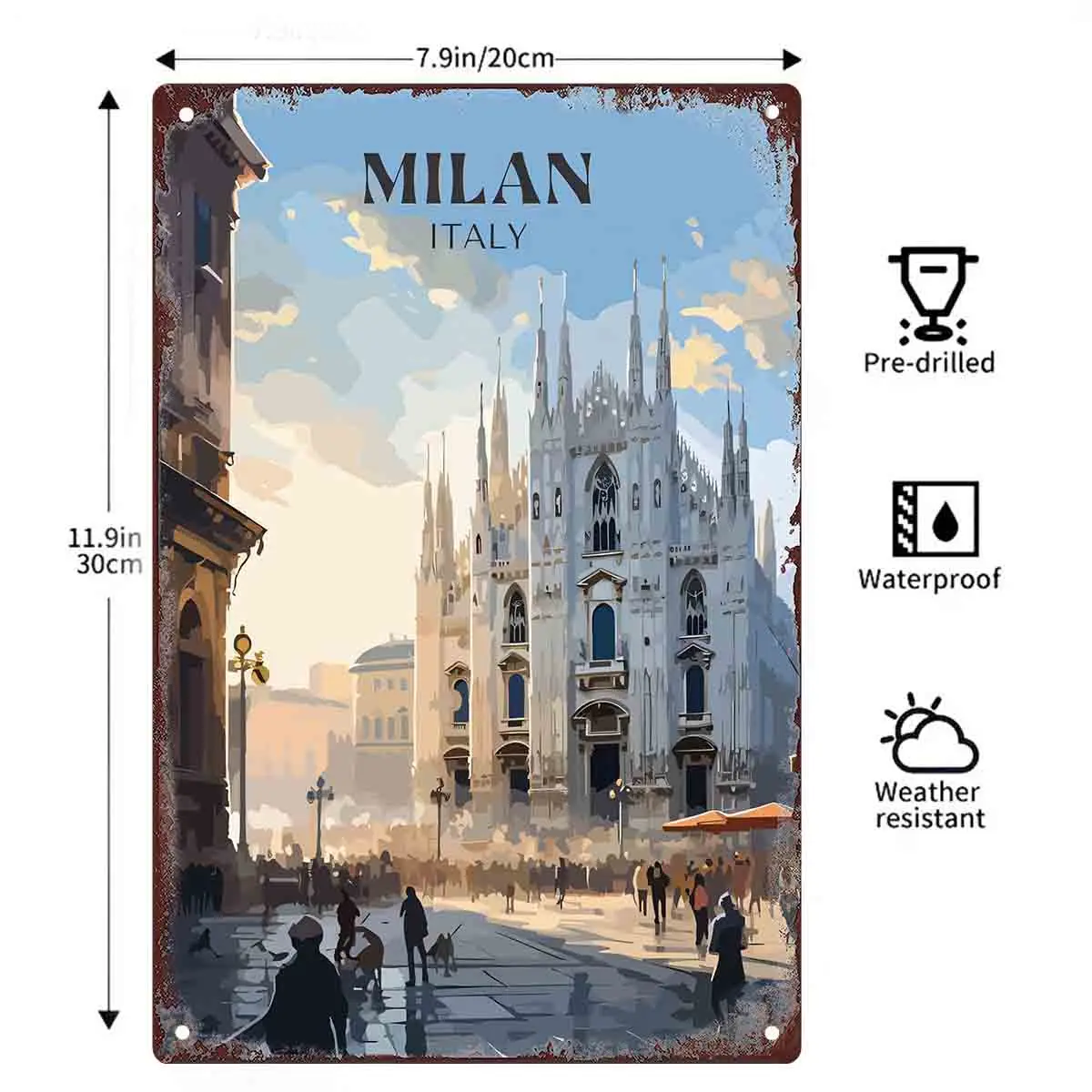 2D FLAT 1pc Milan Italy Cathedral Vintage Travel Poster Metal Wall Sign Decoration for Home Cafe Garage Bedroom Porch And Garden
