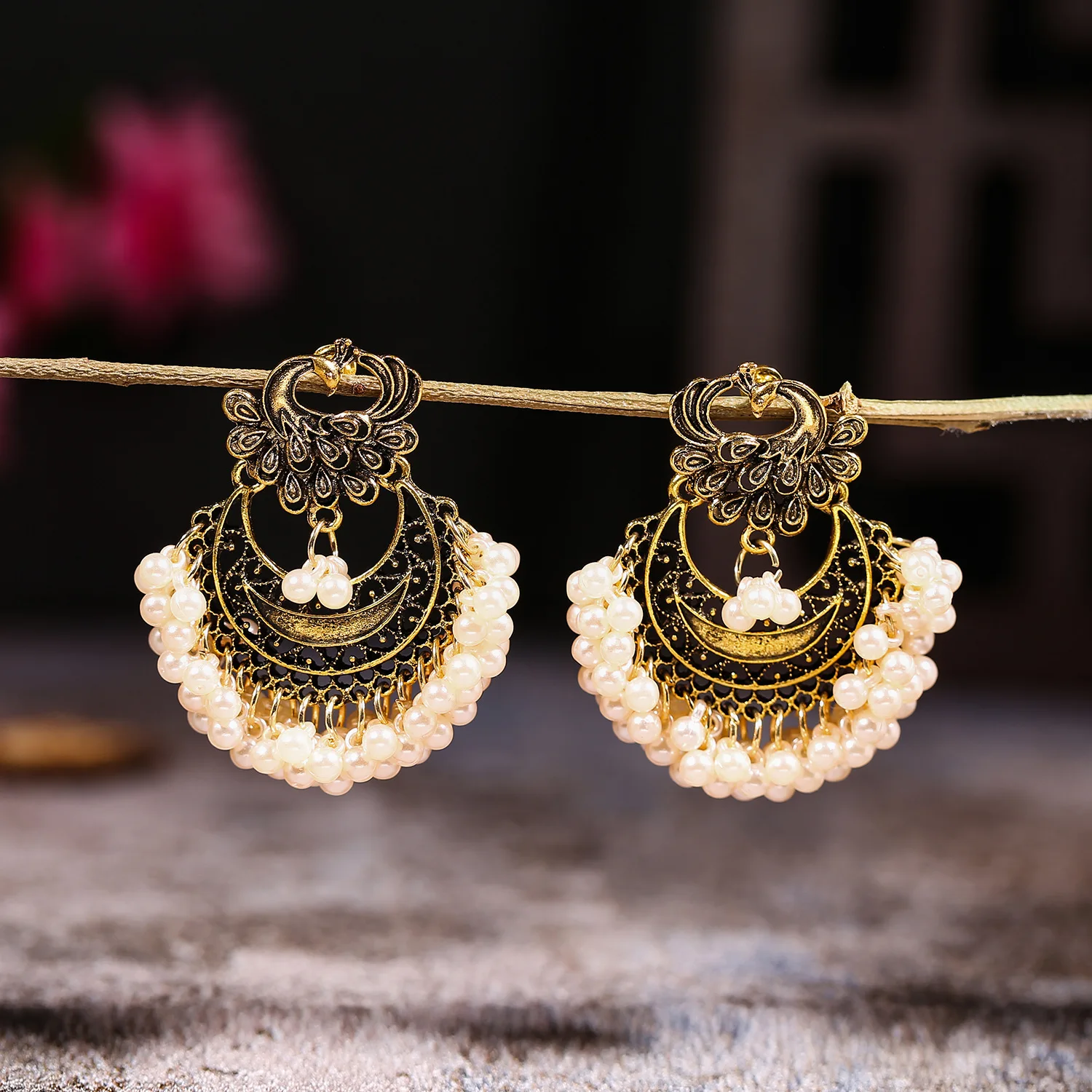 Cross-border bohemian ethnic style exaggerated peacock bell pendant earrings personalized stud earrings factory direct sales