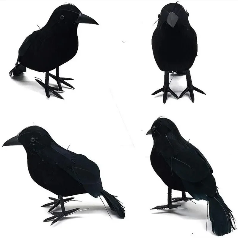 2Pcs Halloween Black Feathered Crows Realistic Crows Artificial Ravens Scary Black Ravens Birds for Outdoors Indoors Decor