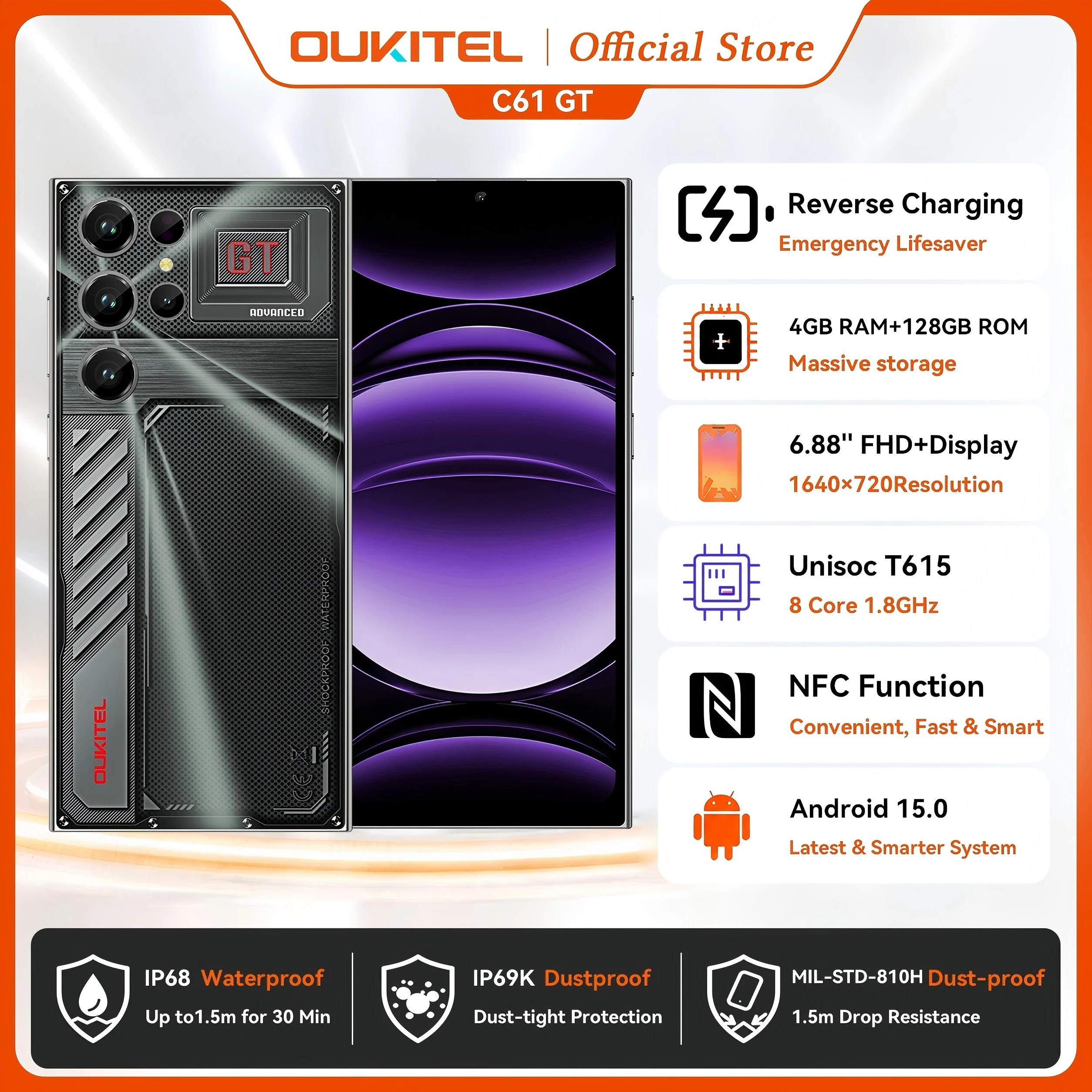 2026 NEW OUKITEL C61 GT  6.88'' HD+ Smartphone, 16GB(4+12)+128GB, Android 15 Cell Phone for Samsung, 90Hz, 5150mAh Battery
