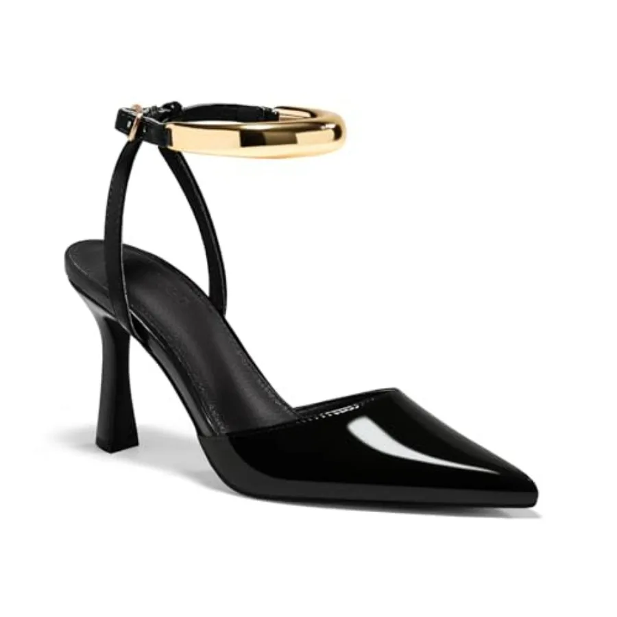 

Coutgo Womens Strappy High Heels Closed Pointed Toe Pumps Ankle Strap Metal Party Dress Shoes