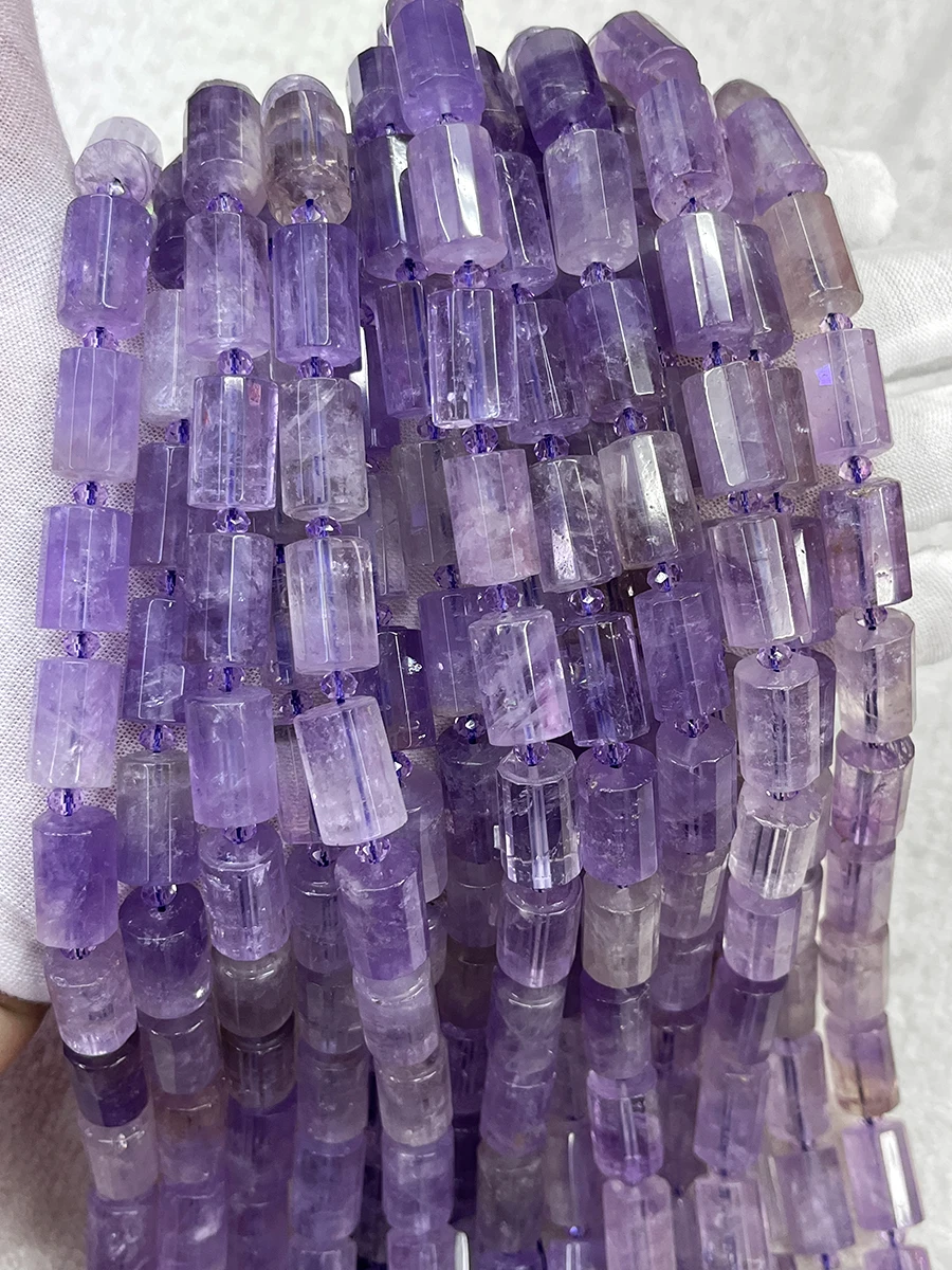 Natural Amethyst Crystal Cylindrical Stone Section Beads Faceted Loose Spacer For Jewelry Making DIY Necklace Bracelet 15''