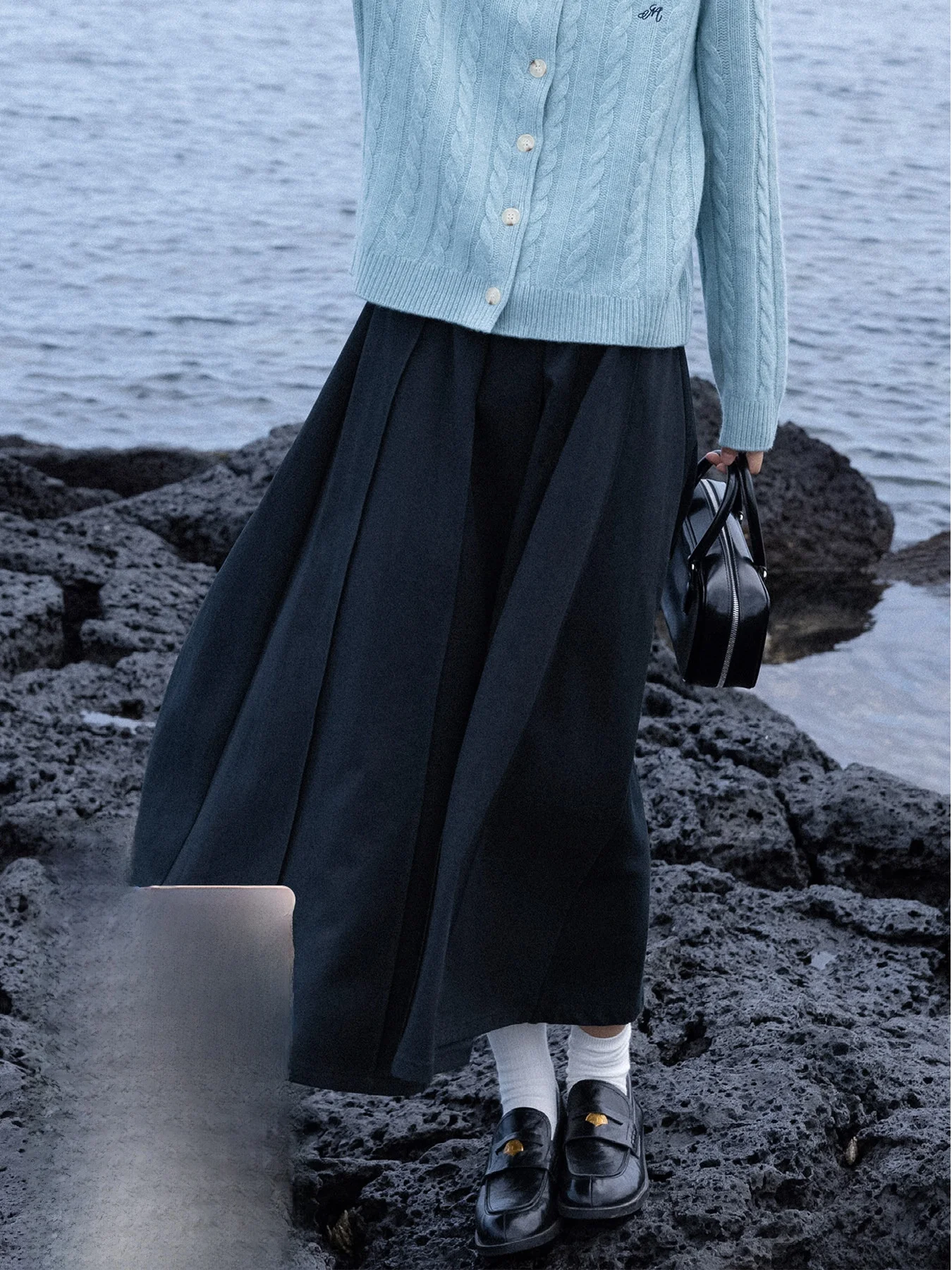 

Черная плиссированная юбка А-силуэта с завышенной талией из шелково-хлопковой смеси для женщин, повседневная, для офиса, осенняя, длинная юбка