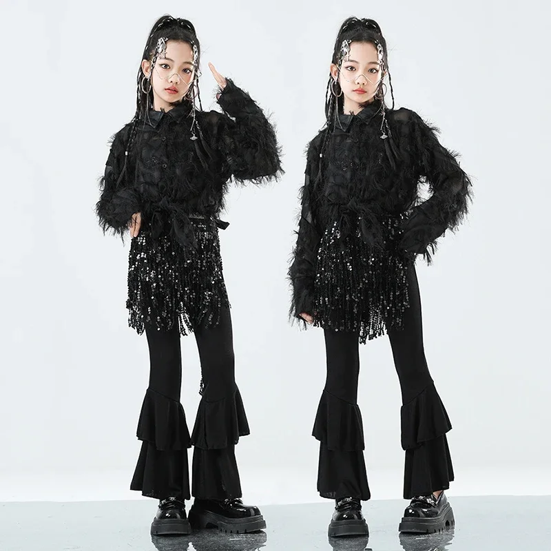 

Jazz Dance Outfit Children Performance Costume Feather Black Shirt Bell-Bottoms Girl Model Show Fashion Clothes Streetwear