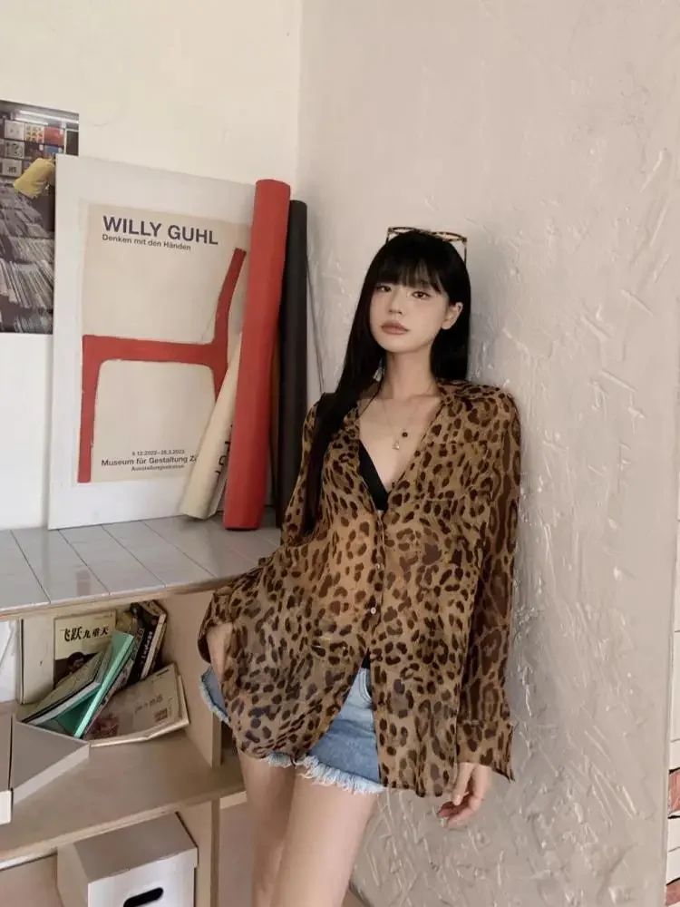 Vintage Hotsweet Leopard Chiffon Women Shirt Button Up Single Breasted Long Sleeve Autumn Tops 2000s Y2k Shirts Blouses Tops