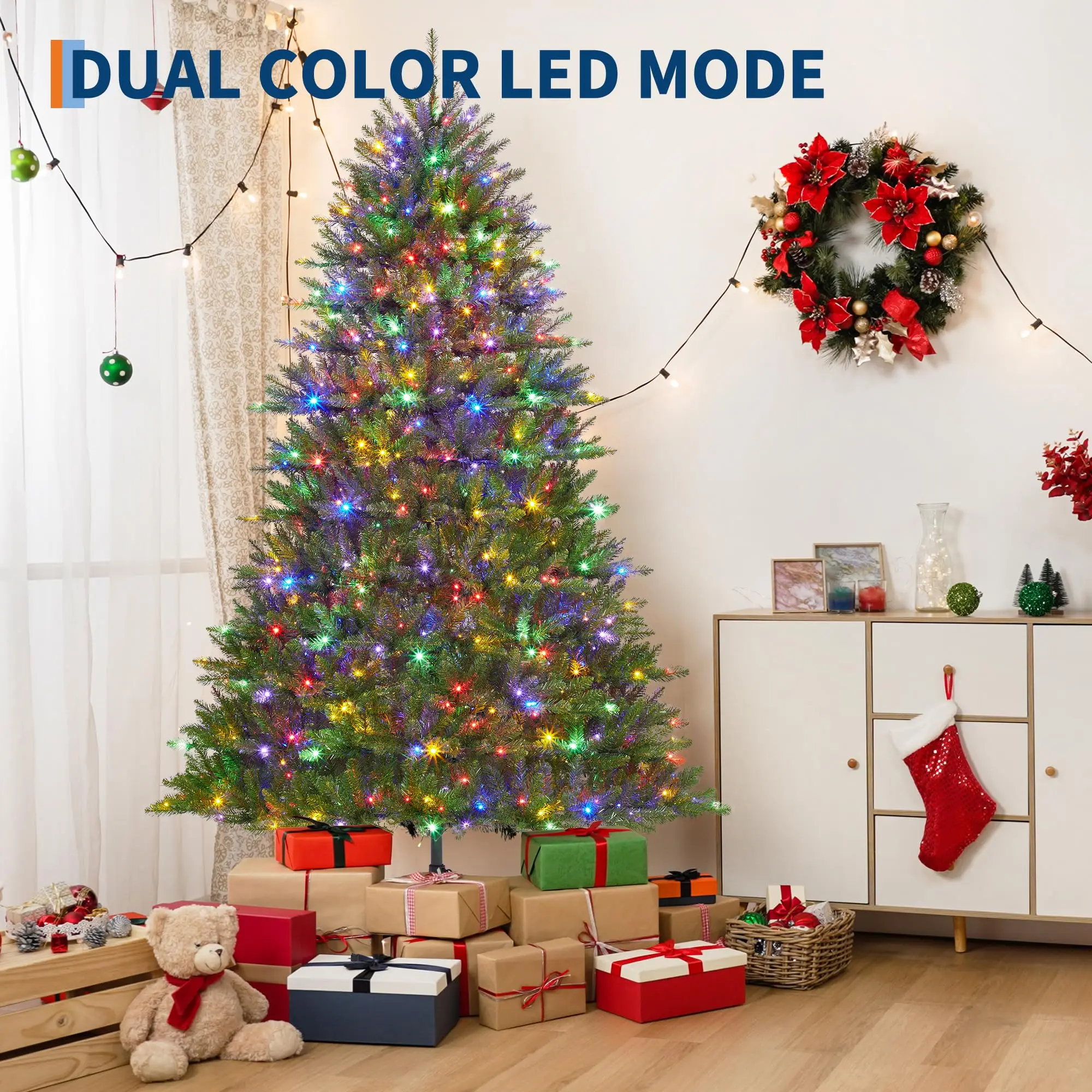 4.5FT/6FT/7.5FT/9FT Pre-Lit Christmas Tree, Premium Spruce Hinge Design with Foldable Metal Frame, Easy Setup Holiday Décor for Living Room, Office Party, and Festive Seasonal Celebrations