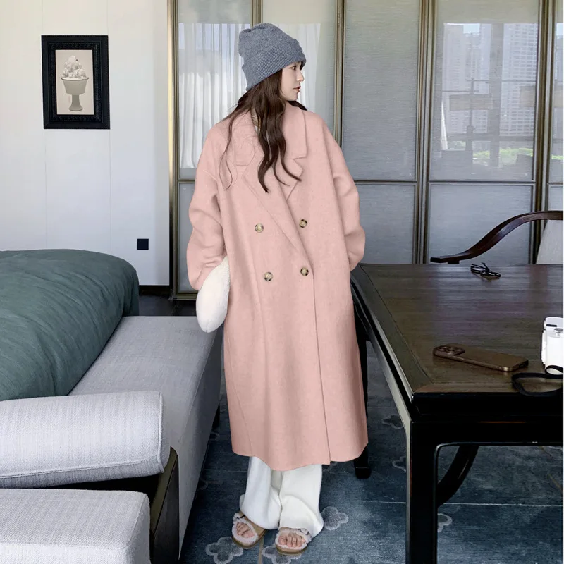 2024 Spring Clothes Women Woolen Coats Turn Down Collar Drouble Breasted Casaco Feminino Long Coats Tops New Invierno