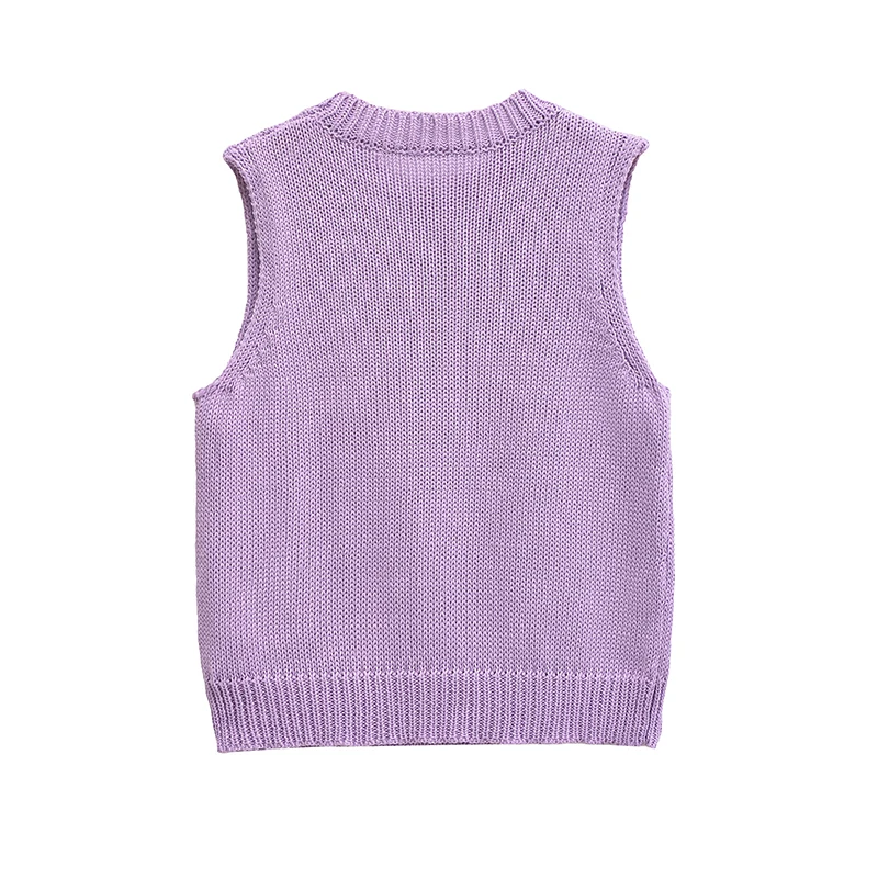 Casual Women O Neck Sleeveless Light Purple Knit Vest Autumn Pullover Jumper Tops