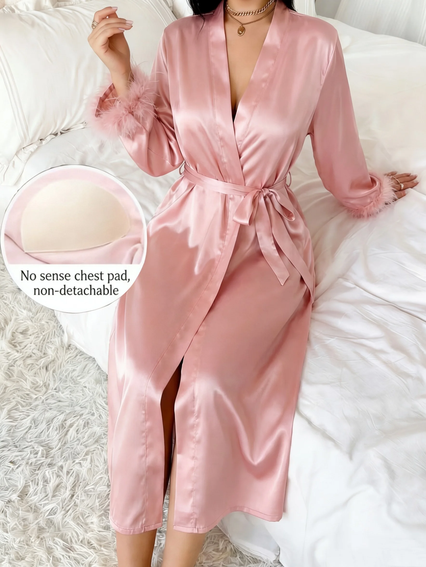 Pink Hairy Cuff Nightgown Women's Long V-Neck Lace up One-Piece Fixed Chest Cushion Home Wear