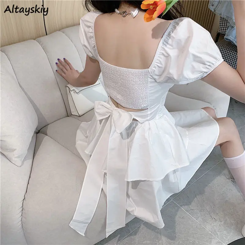 Puff Sleeve Dresses Women Backless French Style Ball Gown Princess Mini Hotsweet Graceful Temperament Solid Fashion Vintage Chic