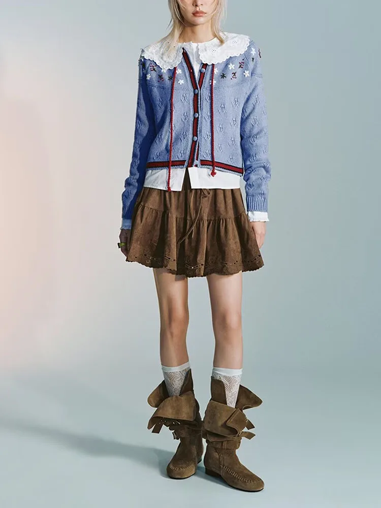 

Spring 2026 New Arrival Women's Faionable Sweet Casual Knitted Embroidered Belted Open Cardigan Long Sve V-Ne Plant Fl...