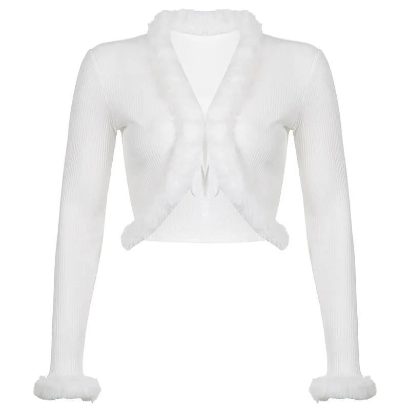 Fluffy Fur Collar Cardigan 2023 New Autmn Winter Fashion Women Knitted Sweater Y2k Sexy High Street White Short Coat Top Jacket