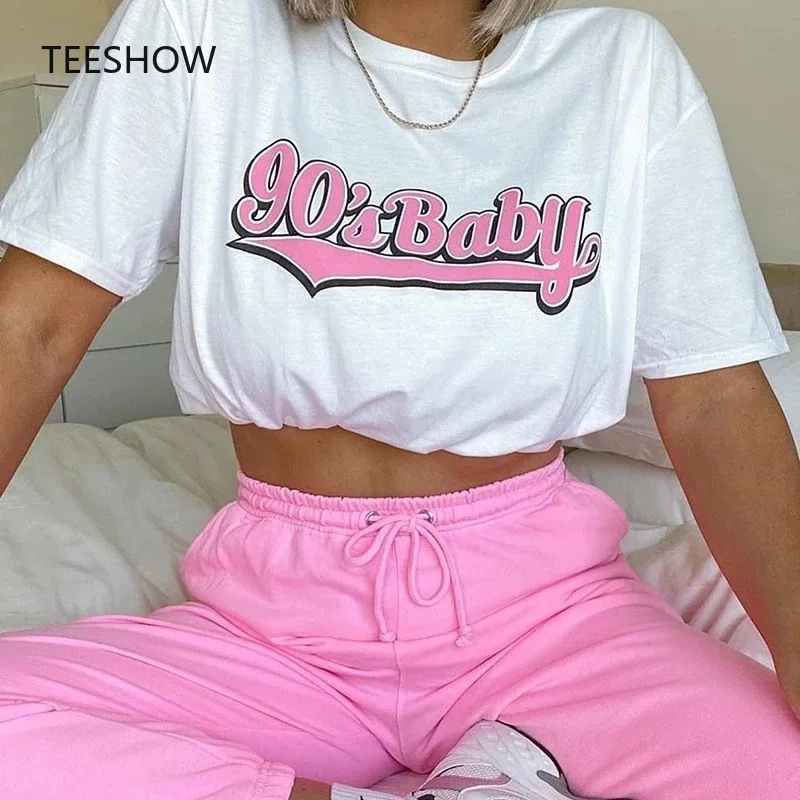 Women T-shirt 90's BABY Print Pink Letter Graphic Tee Women Tshirt  Female Fashion Short Sleeve Casual White Top T-shirt Clothes