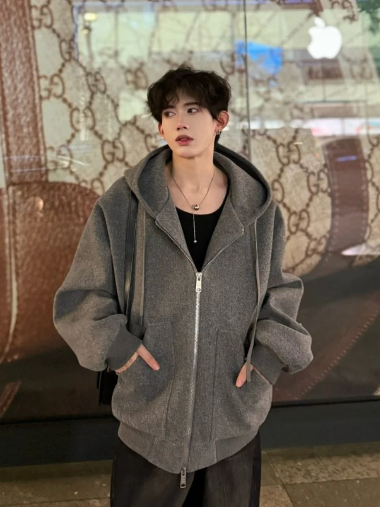 

Американское утепленное шерстяное пальто для мужчин: модное молодежное свободное пальто на весну-осень с декоративной лямкой и молнией