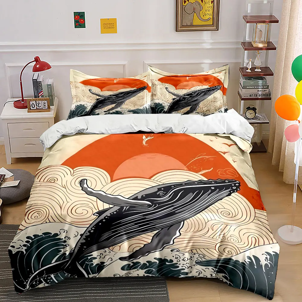 Ocean Whale Art Prints Set Bedding Set with 1 Duvet Cover 2 Pillowcases Single Double King Queen, Gift