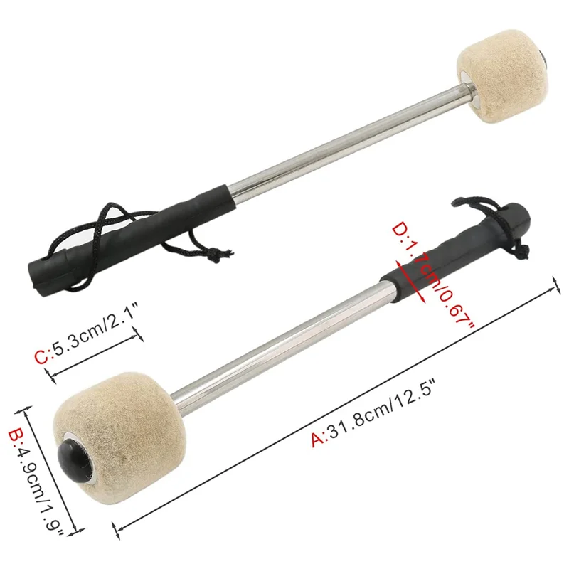 2 Pcs 12.5Inch Bass Steel Drum Mallets,Wool Felt Drum Sticks with Stainless Steel Handle, Anti-Slip Wool Drum Mallets