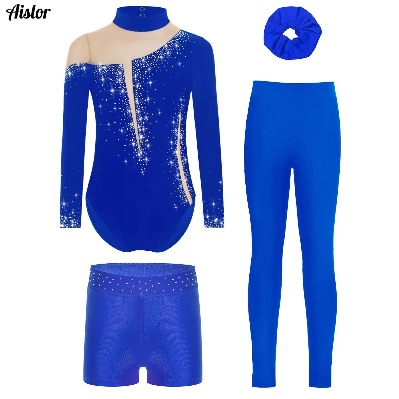 

4Pcs/Set Kids Girls Gymnastics Dance Outfit Long Sleeve Mesh Patchwork Sparkly Rhinestones Leotard+Shorts+Leggings+Hairband
