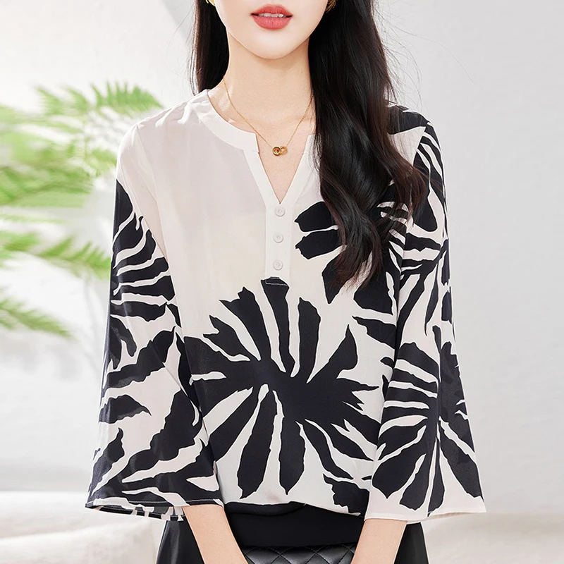 

New 100% Real Silk Women's Shirt 2026 Summer Elegant Shirts and Blouses Women V-neck Loose Tops Woman Vintage Print Blouse