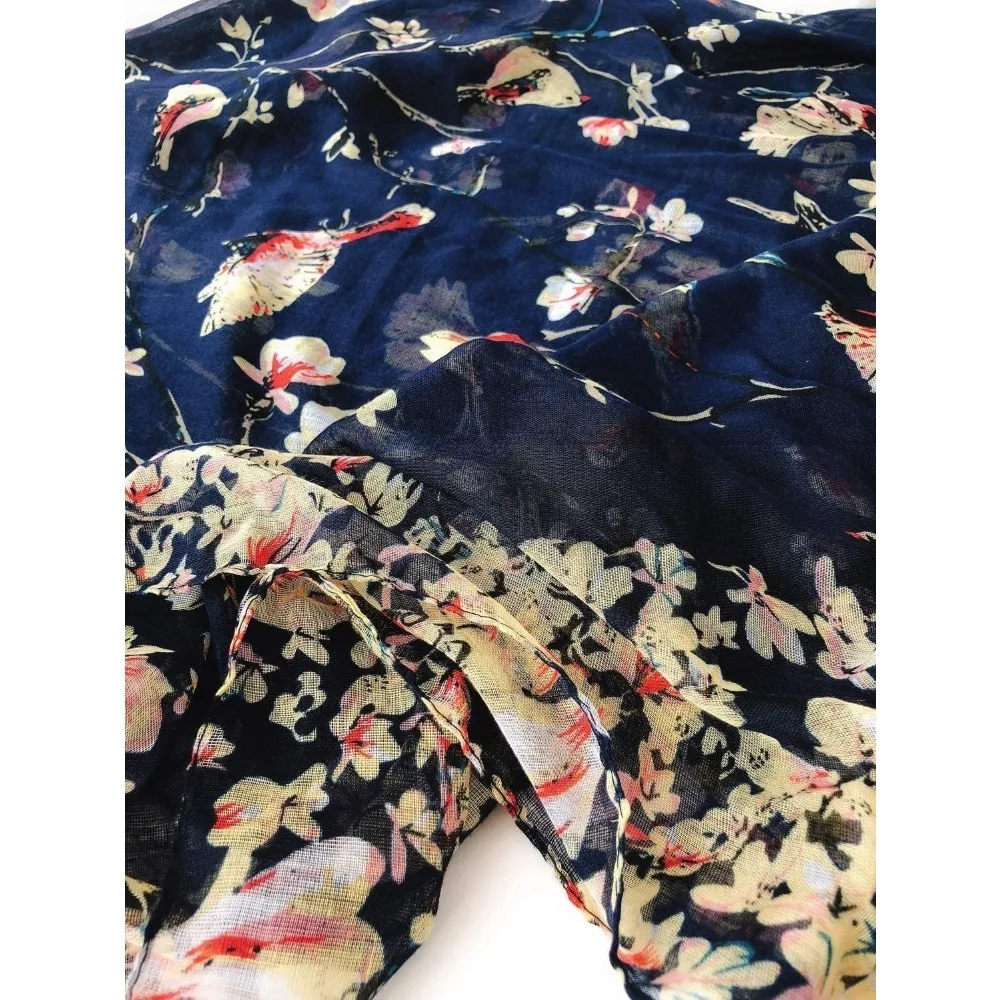 Syal untuk Wanita, Ringan, Motif Bunga dan Burung, Bahan Katun, Syal dan Selendang untuk Musim Dingin