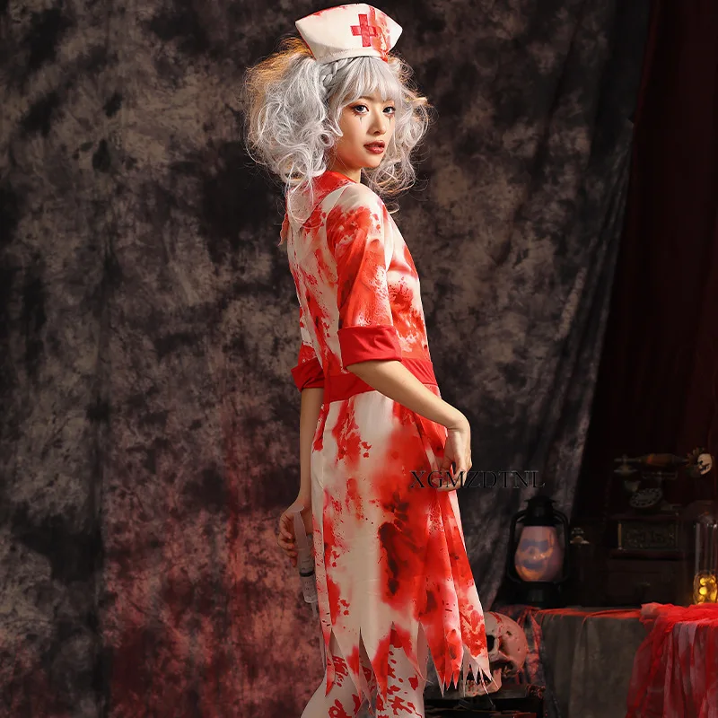 Halloween Women Dress Ghost Nurse White Irregular Edge Bloody Skirt Terror Party Sexy Suit Cosplay Costume Festival Performance