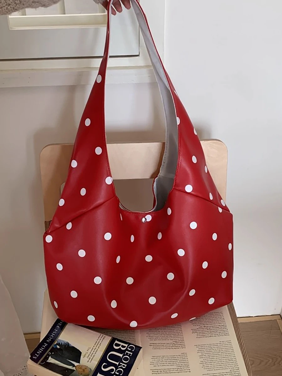 

Large Capacity Polka Dot Tote Bag for Women Autumn Winter New Casual PU Textured One Shoulder Bags Magnetic Button Underarm Bag
