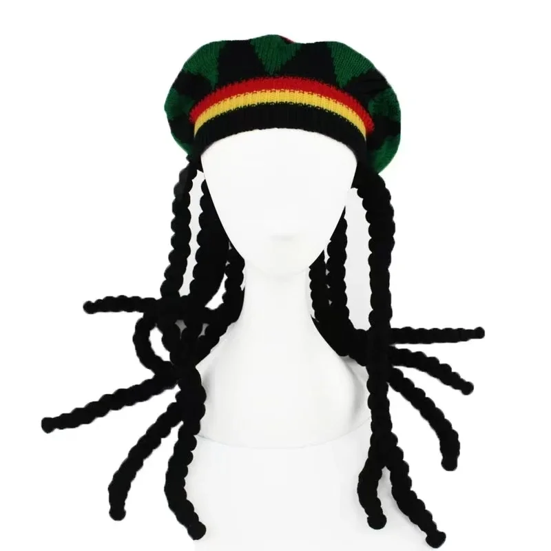 2025 New Unisex Knitted Braid Hat Jamaican Bob Rasta Beanie Hats Hip Hop Cap Dreadlocks Wig Bob Marley Caribbean Fancy Dress Hat view 2