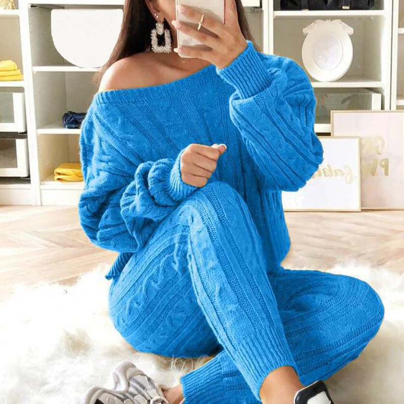 Plus Size 5XL Knitted Tracksuit Women Casual  Sexy O-neck Off Shoulder  Long Sleeve Sweater Slim Pencil Pants Suit Two Piece Set