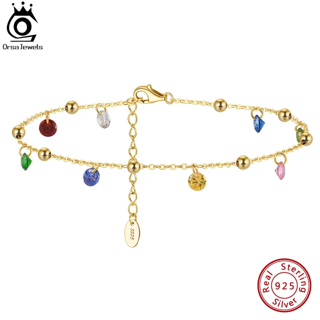 ORSA JEWELS Łańcuch kablowy z kolorowymi cyrkoniami Bransoletki na kostkę dla kobiet Srebro 925 Modne bransoletki plażowe Łańcuchy na kostki Biżuteria SA93