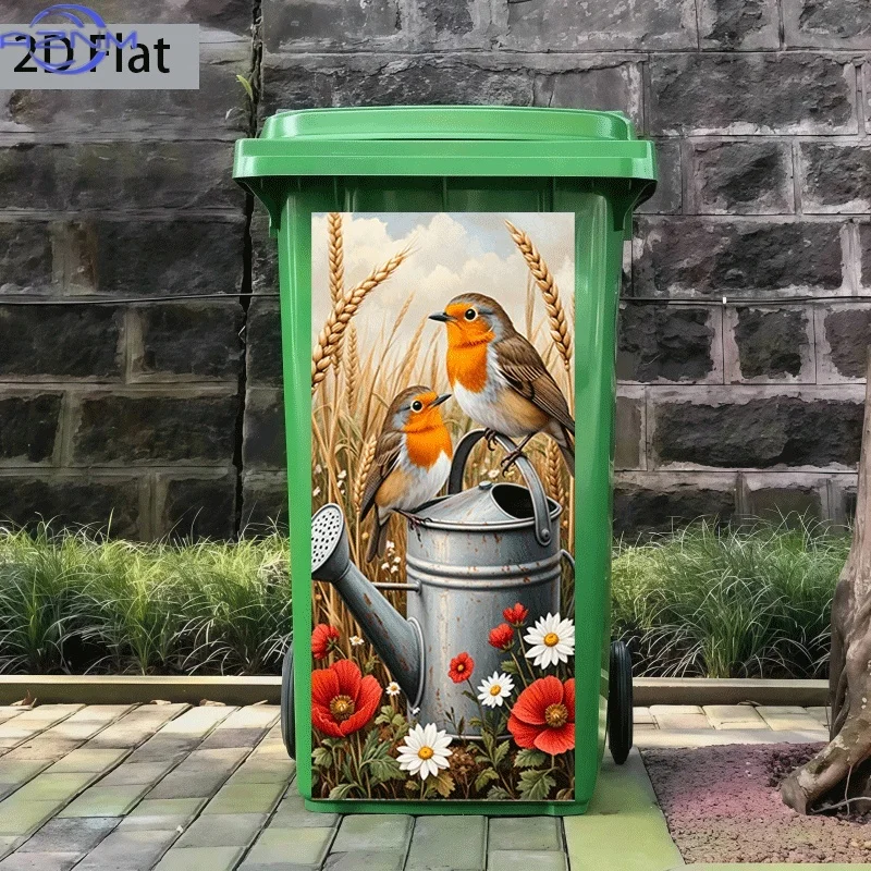 2D Flat Printing 1pc Trash Can Sticker  Sparrow Perched by Flowers Spring Irrigation Decorative Wallpaper Self-Adhesive Kitche