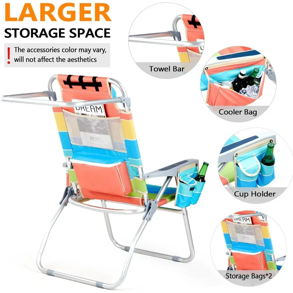 High Beach Chair 2-Pack with Cooler Bag, Cup Holder, Towel Rack, Lightweight Folding Beach Camping Chair (Rainbow-16)