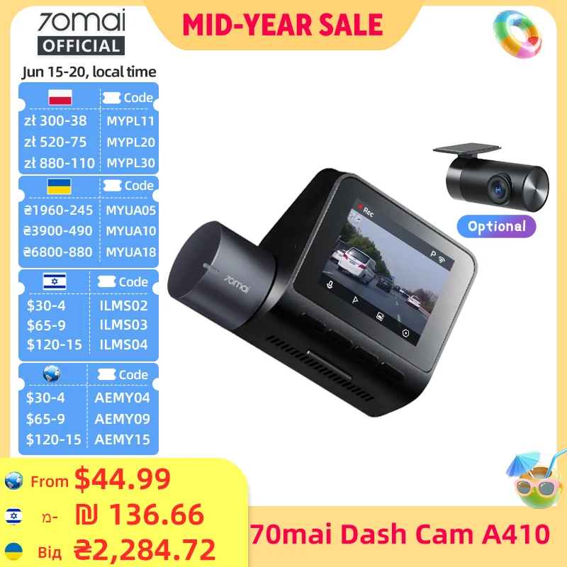 Nowa kamera samochodowa 70mai Dash Cam A410, rozdzielczość 1440P 2.5K, obiektyw F1.55, obsługa dwukanałowej transmisji, GPS, noktowizor, monitoring parkowania 24H, wersja ulepszona. 70mai A400