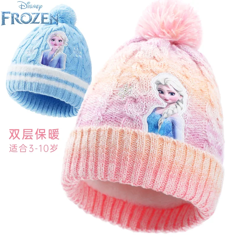 Disney Frozen Children's Pullover Hat Girls Elsa Anna Winter Outdoor Thick Knitted Hat Plus Velvet Thickening Warm Birthday Gift