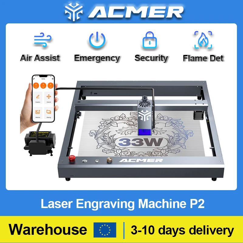 

ACMER P2 33W 20W 10W Laser Engraver Cut Machine with Air Assist Child Lock Industrial Rail Carving Wood Leather Lacquered Metal