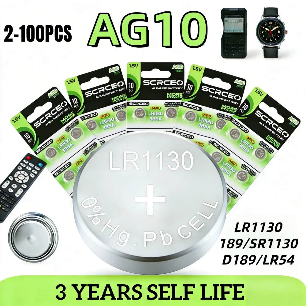 2-100PCS AG10 LR54 1.55V Button Batteries, Also SR54 SR1130 LR1130, Multi-Pack for Watch, Toy, Clock
