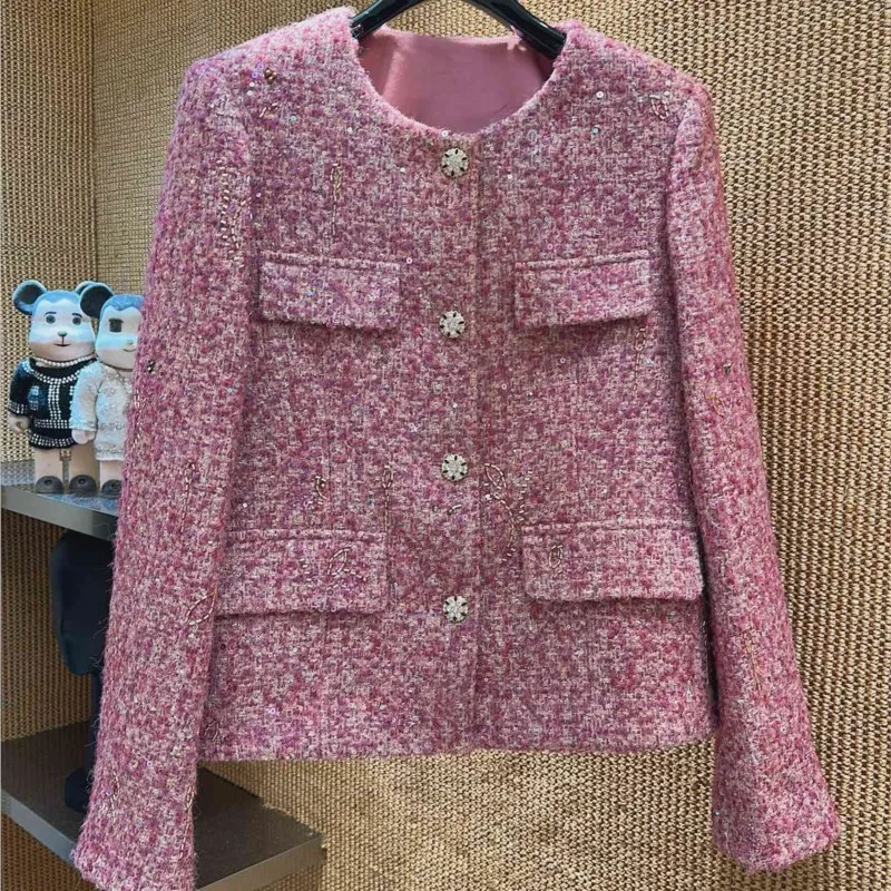 Women's Tweed Jacket Pink Bouclé Cardigan with Rhinestone Buttons Sequins Embroidery Vintage Elegant Short Coat for Party Office