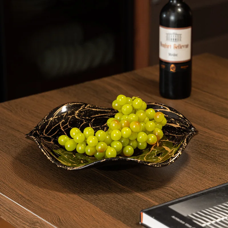 HYS high-end Italian light luxury glass fruit plate black gold dining table tea table snack fruit basket soft decoration