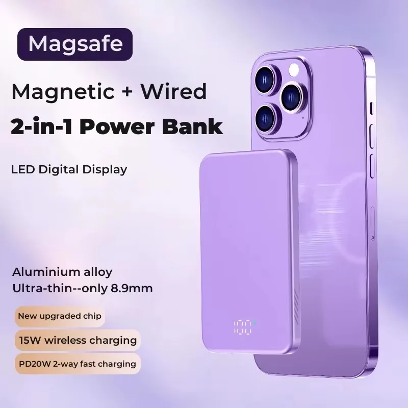 5000/10000mah Mini Portable Power Bank Aluminum Alloy 15w Magnetic Wireless Fast Charging Powerbank With Led Display