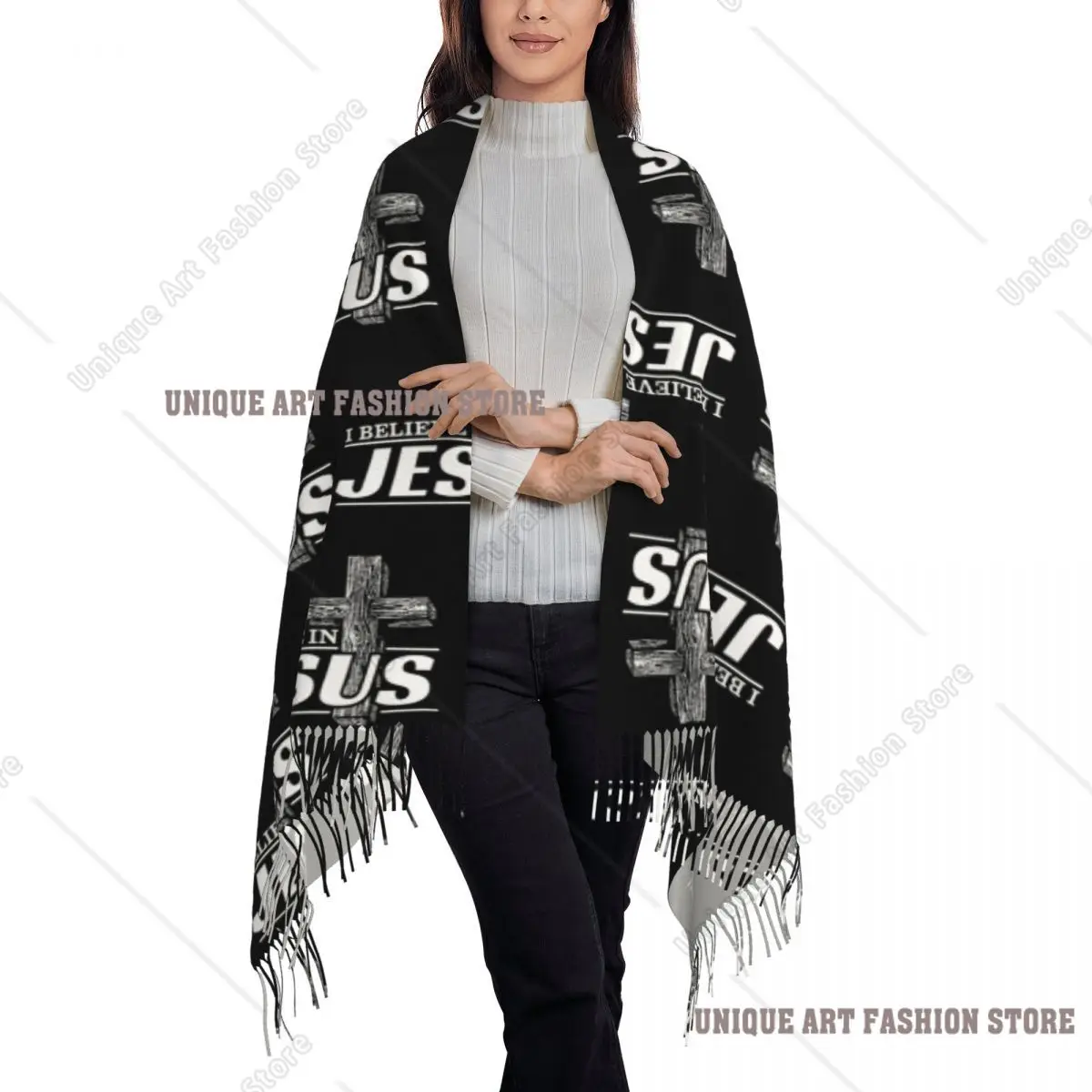 カスタムレディロング「イエス・キリストを信じる」スカーフ、女性用冬秋厚手暖かいタッセルショールラップ、キリスト教信仰スカーフ