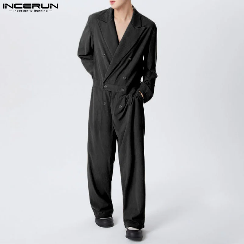 INCERUN Men Jumpsuits Solid Color Lapel Long Sleeve Double Breasted Casual Rompers Streetwear 2025 Fashion Male Overalls S-5XL