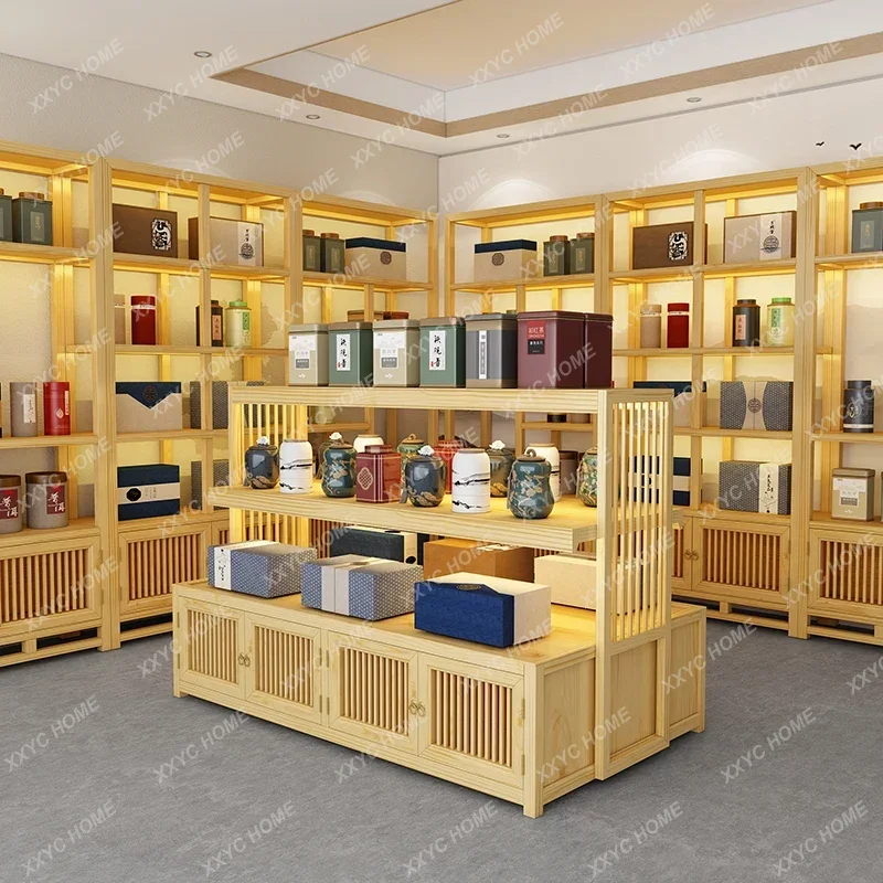 

Customized Antique Shelf Solid Wood New Chinese Tea Room Shelf Display Zhongdao Tea Set Cabinet Display with Lights